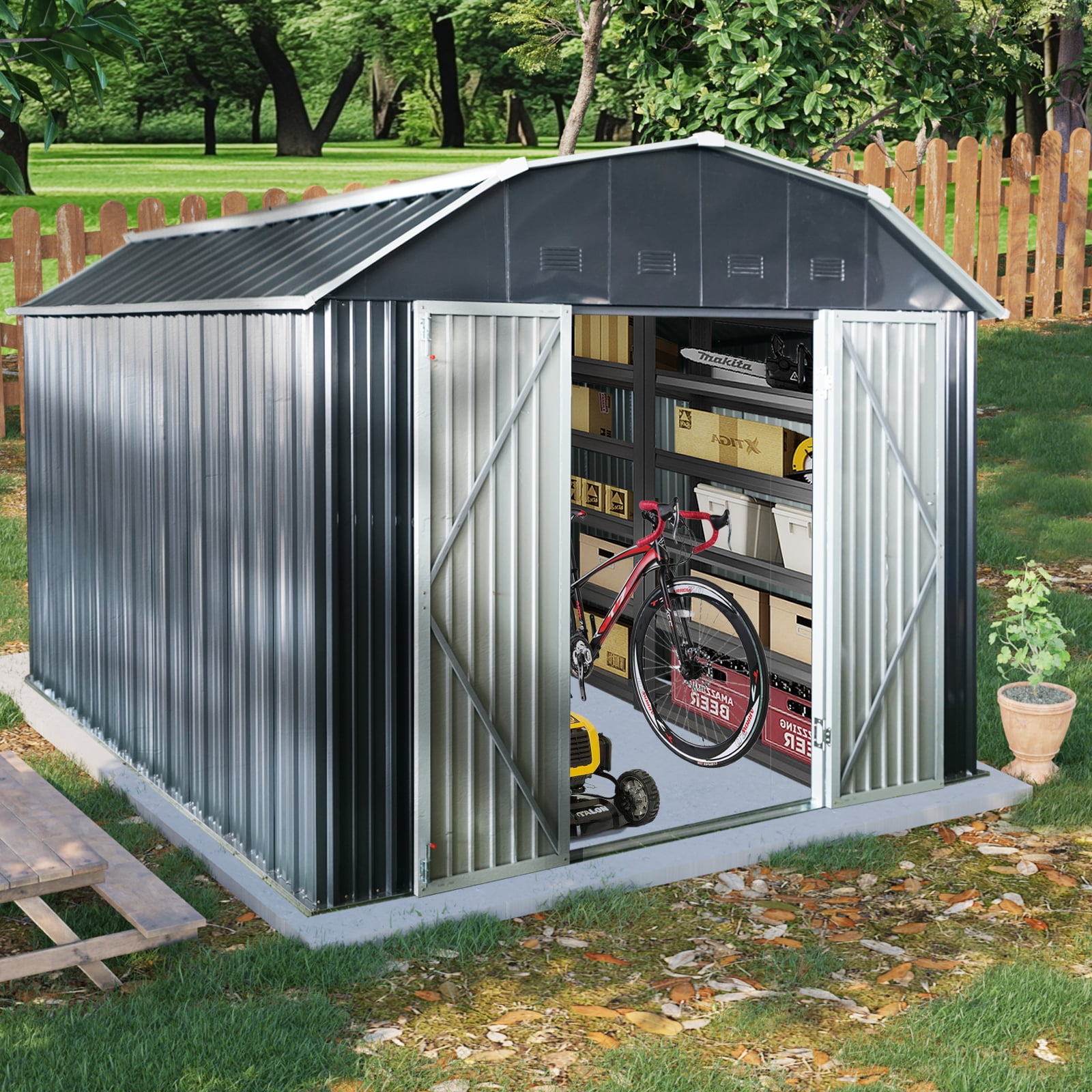 10x12ft Metal Outdoor Storage Shed with Arch Roof Black