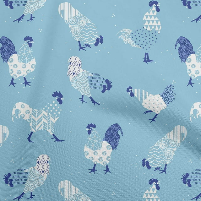 oneOone Polyester Lycra Light Blue Fabric Rooster Cock Craft Projects Decor Fabric Printed By The Yard 56 Inch Wide