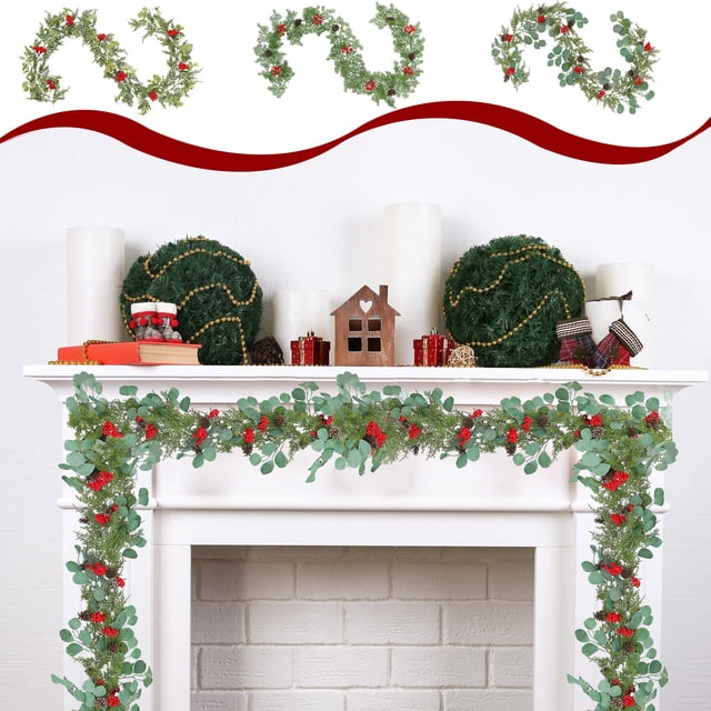Fiudx Corona Navideña de Agujas de Pino, Diseño Realista de Piñas y Bayas, de Pvc, Elegante Decoración Invernal, Ideal para La Repisa de La Chimenea y El Porche, Ideal para Casa de Vacaciones, Tamaño