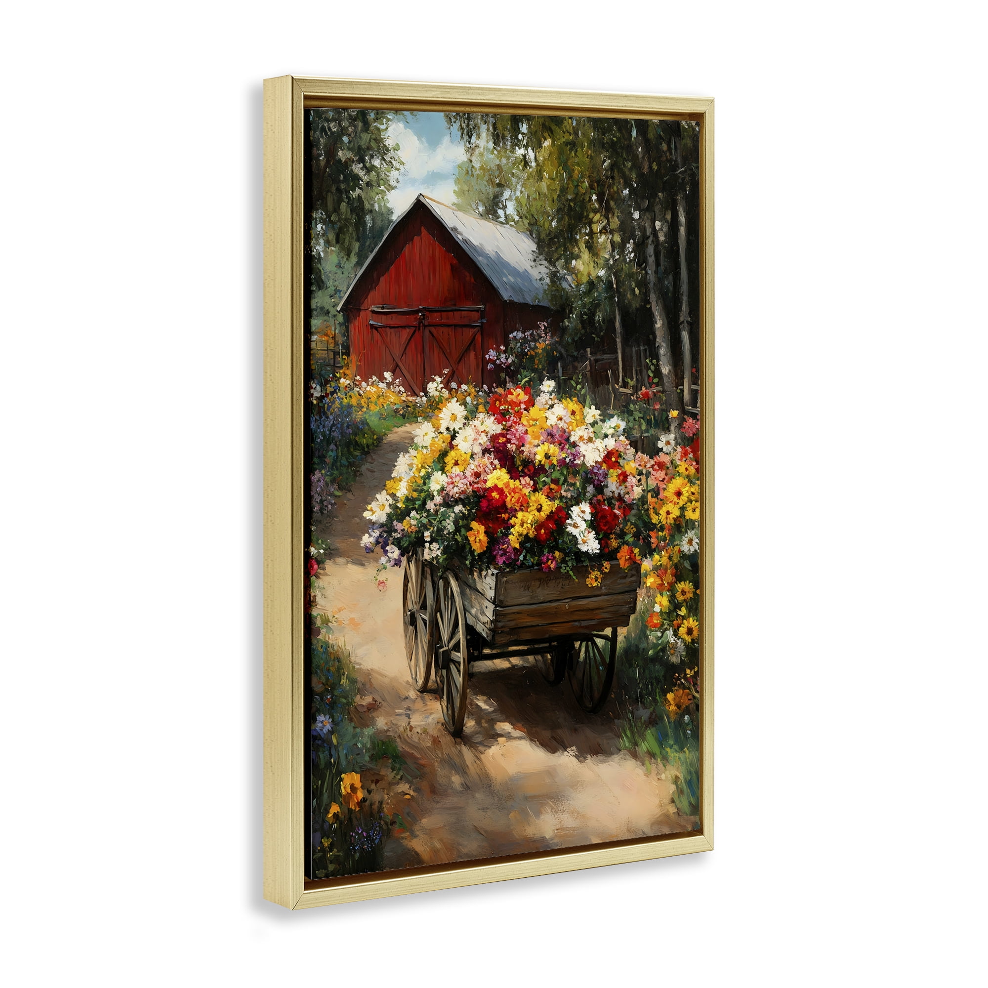 Stupell Industries Floral Wagon in Summer Garden Gold Framed Floater Canvas Wall Art, design by Franklyn Gregory
