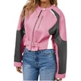 thumbnail image 2 of Womens Faux Leather Bomber Jackets Cropped Zip Up Color Block Fall Casual Moto Biker Coats, 2 of 7