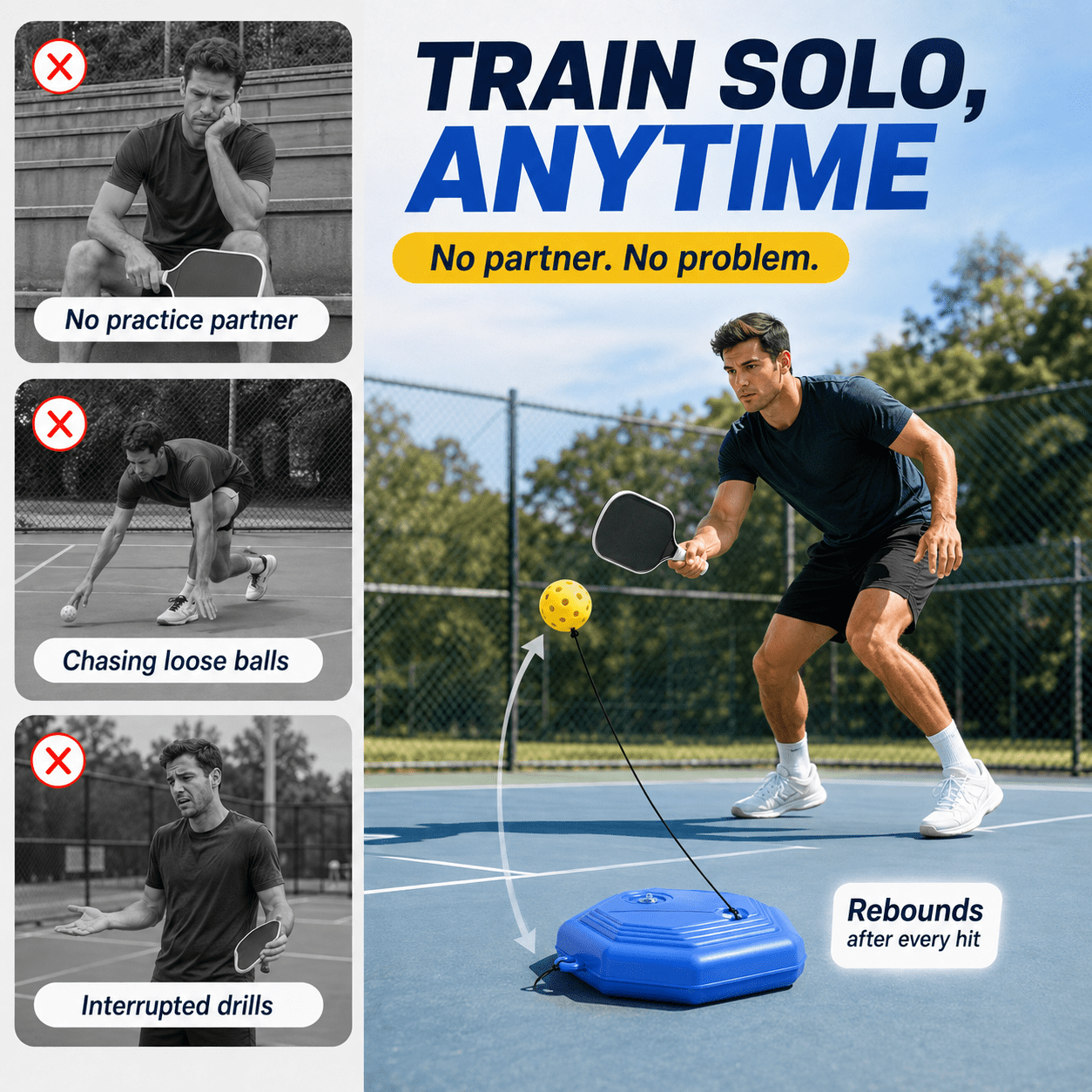 Solo Pickleball Rebound Trainer with Water-Fillable Base, 13.1 ft Elastic Tether and 74mm Practice Ball, Portable Pickleball Training Aid for Backyard and Indoor Practice, Blue