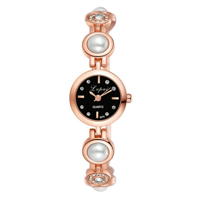 Reloj de pulsera analógico de cuarzo con esfera redonda para mujer, correa de aleación, reloj de diamantes de imitación (oro rosa y negro)