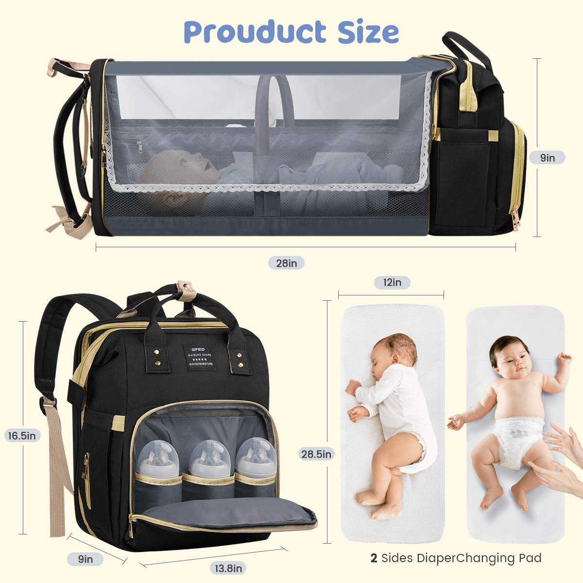 Diaper Bag Backpack, Multifunctional Baby Diaper Bags with Foldable Crib & Changing Station,Large Capacity Portable Travel Back Pack W/ USB Charging Port & Stroller Strap, Baby Shower Gifts(Black)