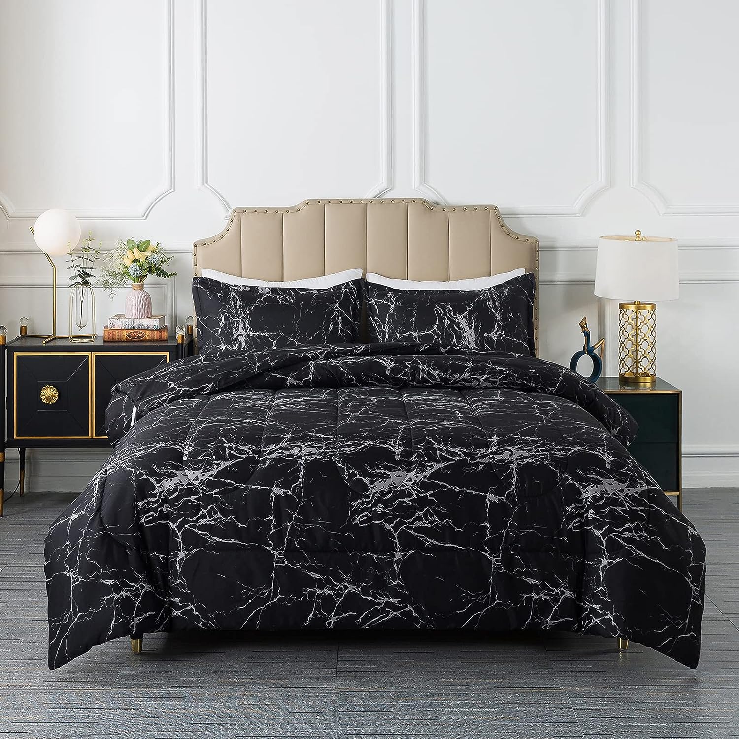 3Piece Black Marble Comforter Set Full Size, Modern Pattern Soft