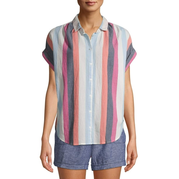 Time and Tru - Time and Tru Women's Button Front Shirt with Rolled Sleeves - Walmart.com