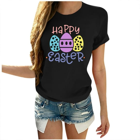 JeashCHAT Easter Shirts for Women Bunny Rabbit Egg Print 2021 Easter Eggs Happy Easter Print Men And Women Loose Plus Size Short Sleeves