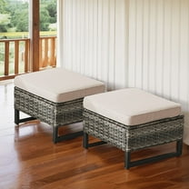 PARKWELL 2PCS Patio Rattan Ottoman Seat Foot Rest Side Table with Cushions for Indoor Outdoor,Beige