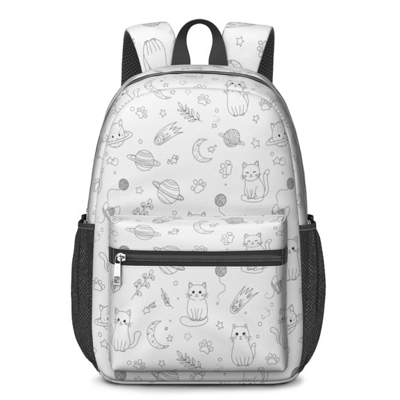 Space Cat Coloring Page White Pattern 17" Waterproof Oxford School Backpacks for Teens, S-Shape Padded Straps, for School, Travel, Hiking, Camping