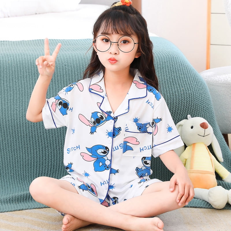Yebing Disney Stitch Pajama Summer Children Pajamas Set Pyjamas Girls Cute Cartoon Lapel Cardigan Short Sleeved Shorts Loose Home Wear Other