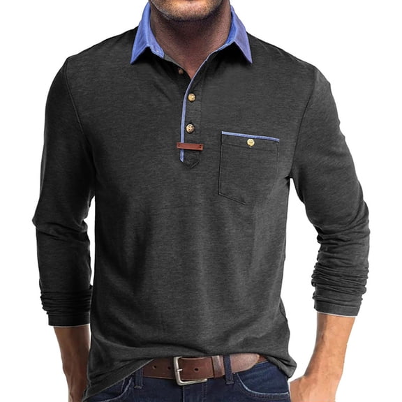 Golf Shirts for Men with Pocket Long Sleeve Tshirts Shirt Mens Casual Color Block Pullover Button Collared Breathable Office Work Tees Tops
