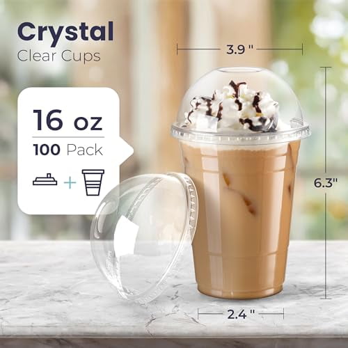Green Direct Plastic Ultra Clear Cups with Flat Lids for Iced Coffee Bubble Boba Tea Smoothie (100, 12 Ounce)