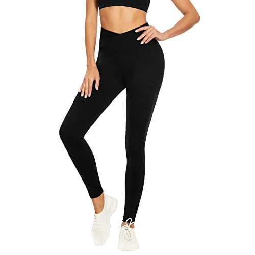 Crossover Leggings for Women Tummy Control Soft High Waisted Leggings Non See Through Cross Waist Tights Workout Running Yoga Pants Black