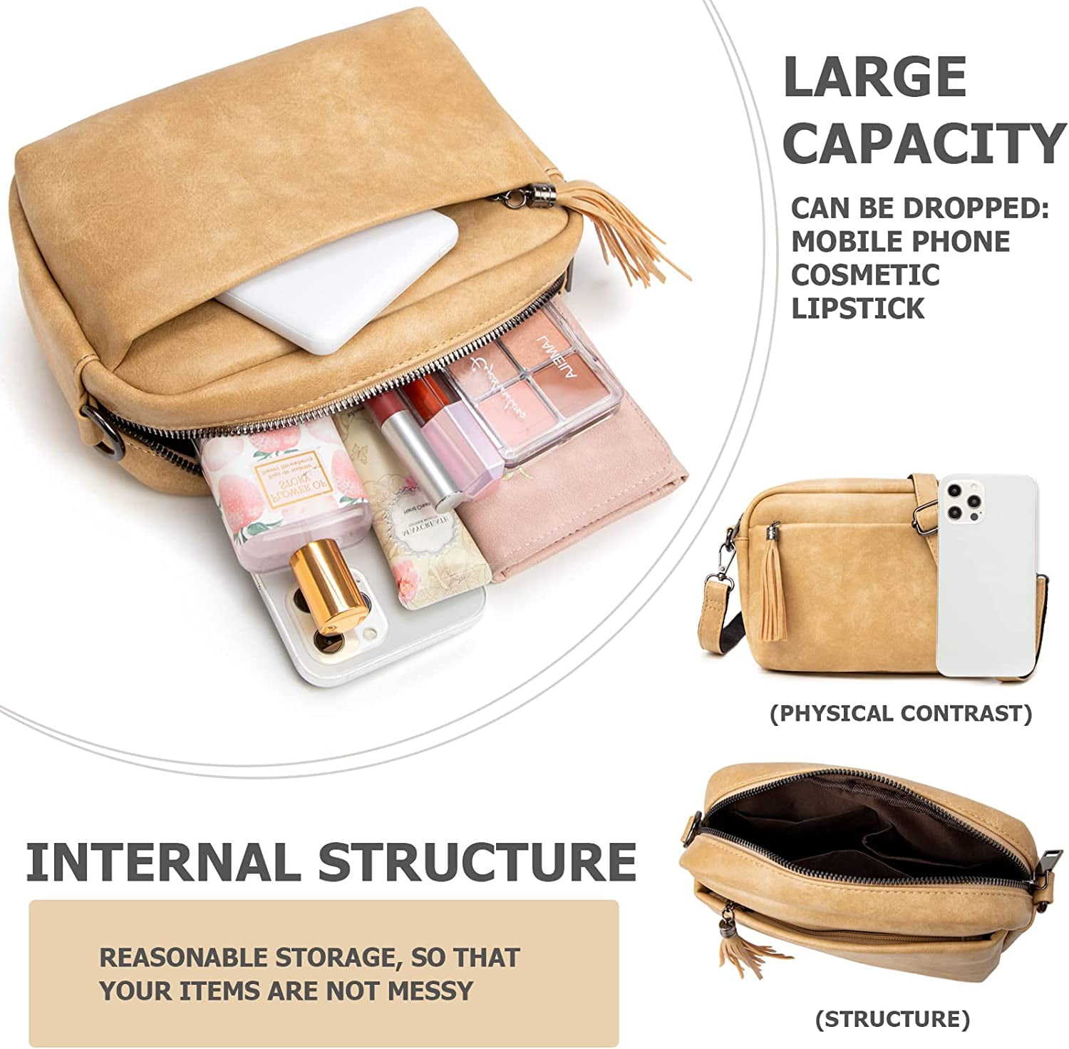 Lightweight Medium Crossbody Bag for Women, Camera Shoulder Purses Pocketbooks with Tassel and Triple Zipper Pocket