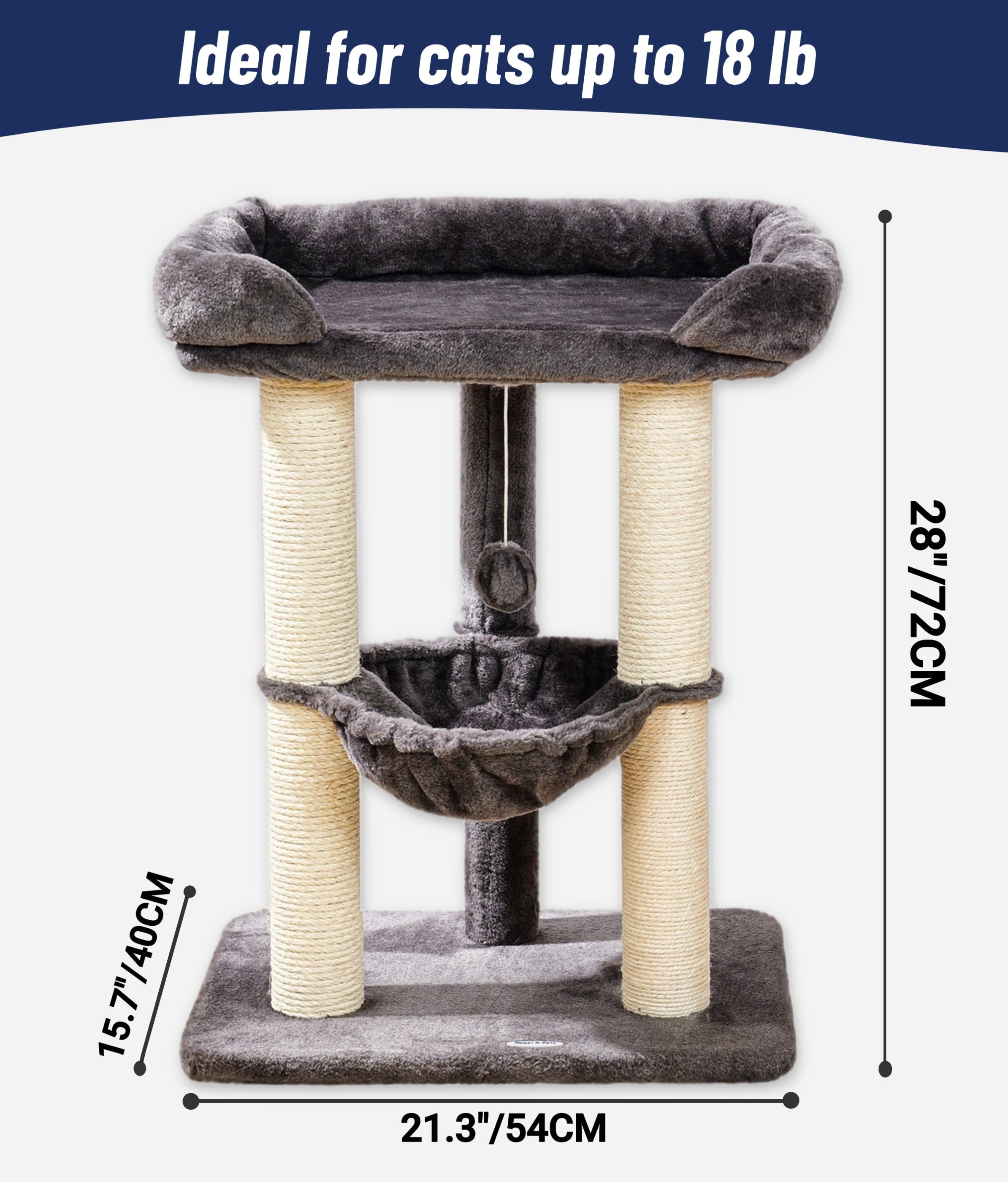 Happi N Pets 28" Cat Tree Tower, Tall Cat Scratching Post with Perch for Window Viewing, Large Bed for Big Cats, Cat Tower with Hammock, Removable Cover-Gray