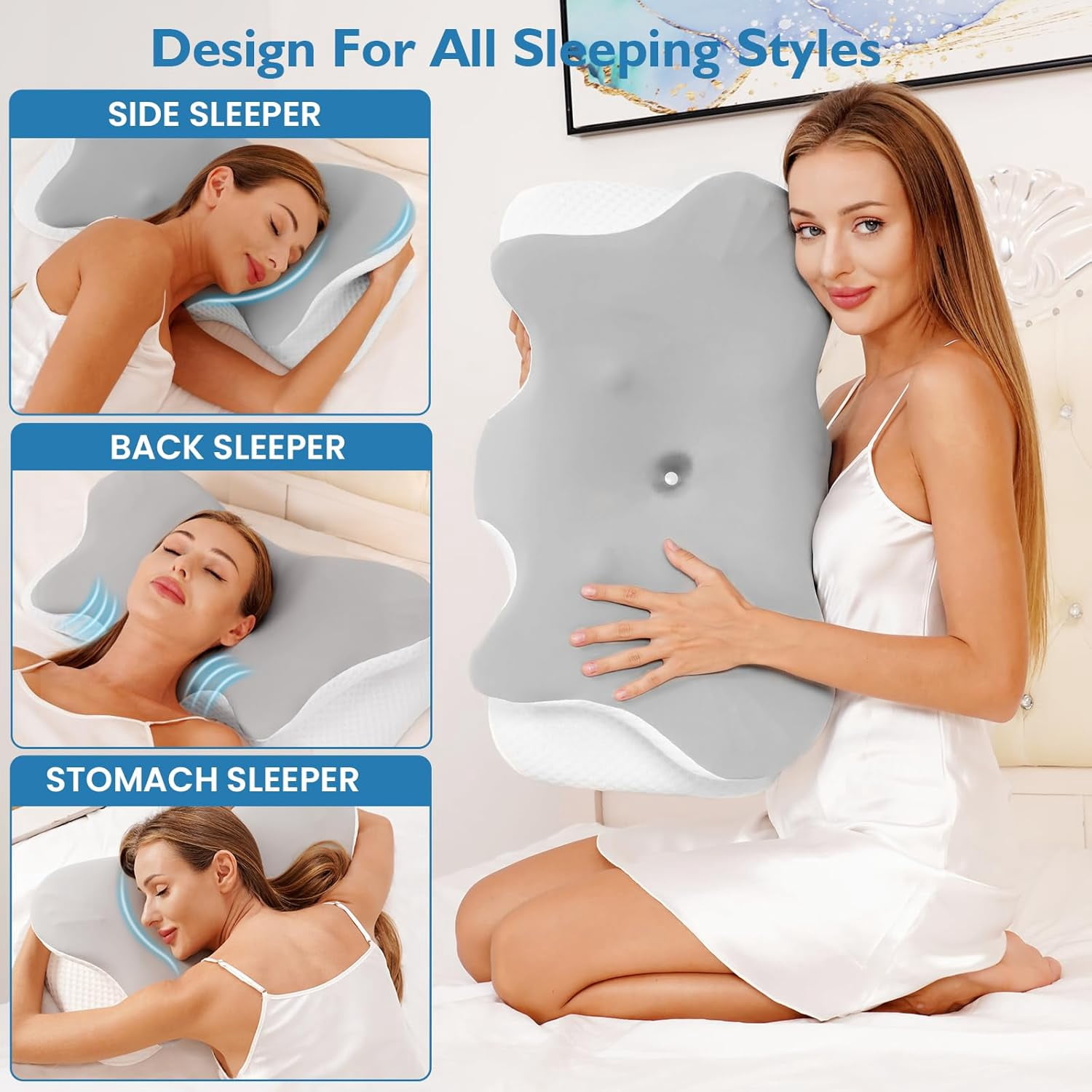 Cervical Pillow for Neck Pain Relief, Neck Pillow for Sleeping Side Sleeper Ergonomic Memory Foam Support Pillows Back Sleepers for Sleeping,Machine Washable Pillowcase(1PCS Grey)