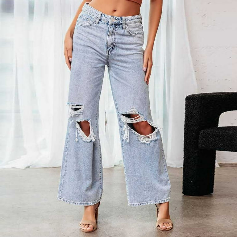 Posijego Womens Wide Legs Jeans Ripped High Waisted Pull On Denim
