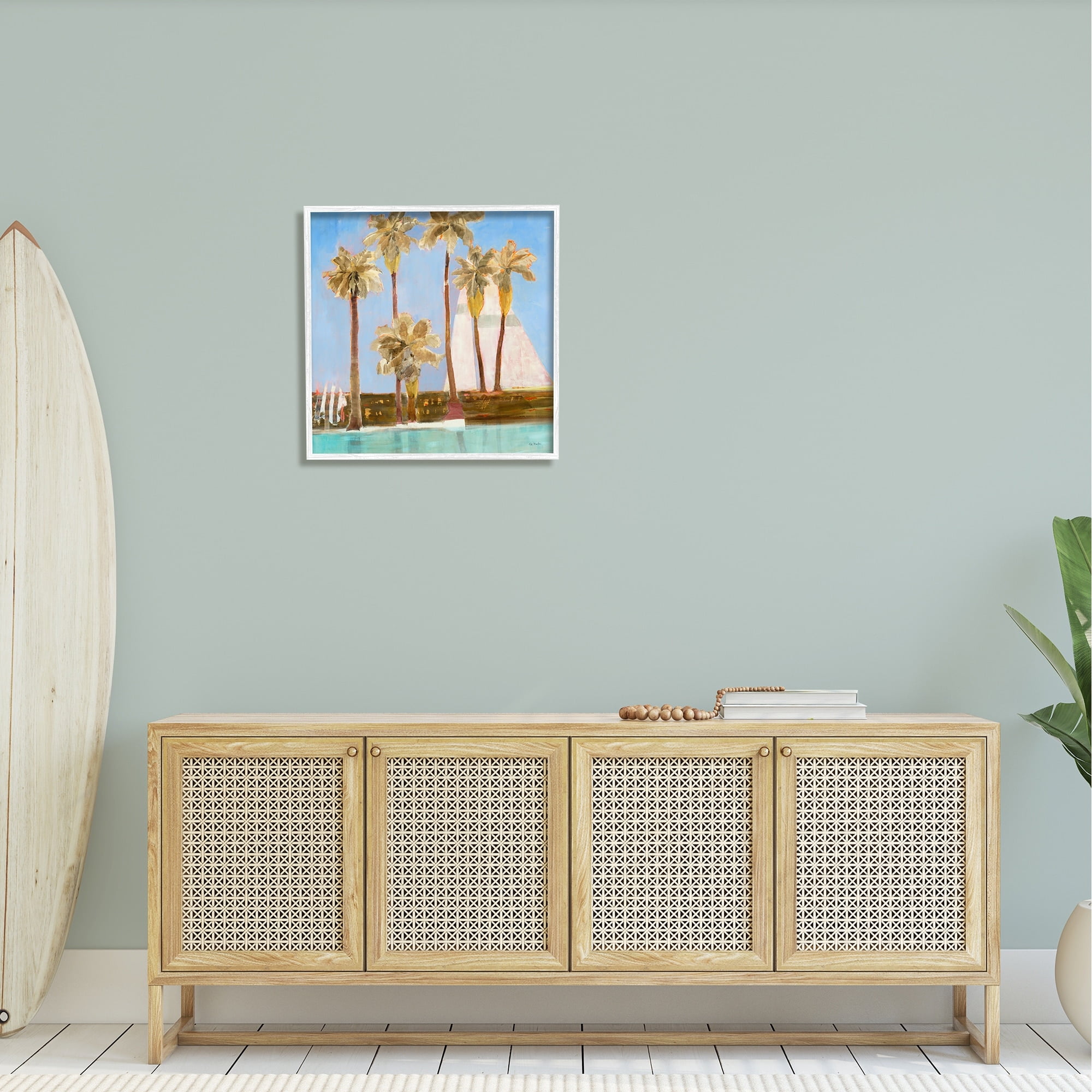 Stupell Industries Tall Palm Trees Summer Nautical Sailboat Landscape Painting White Framed Art Print Wall Art, Design by Third and Wall