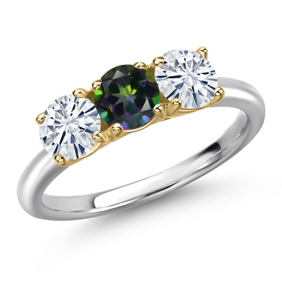 Gem Stone King 10K Two Tone Gold Green Mystic Topaz and White Moissanite Engagement Ring for Women | 1.55 Cttw | Round 5MM | Gemstone November Birthstone | Size 6