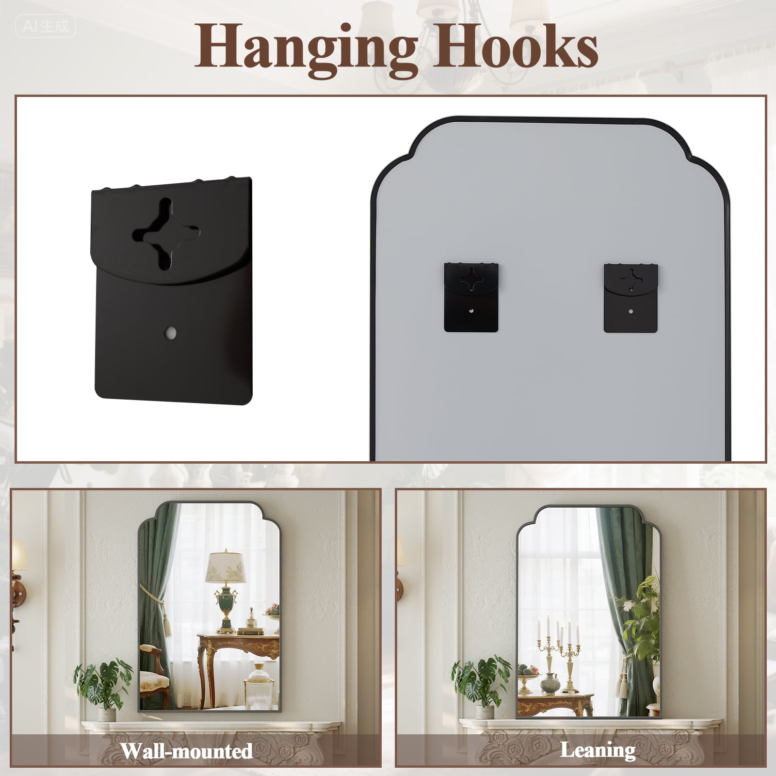 GRAHMCY 40"x30" Bathroom Mirror Arched Wall-Mounted Leaning Vanity Mirror with Deep Frame, Black