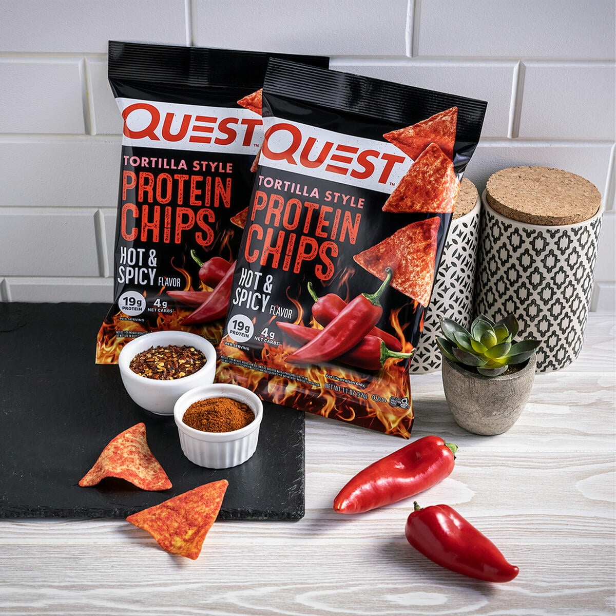 Quest Tortilla Style Protein Chips, Hot & Spicy Flavor, Baked, 19g Protein, 1.1oz Bags, 4 Count