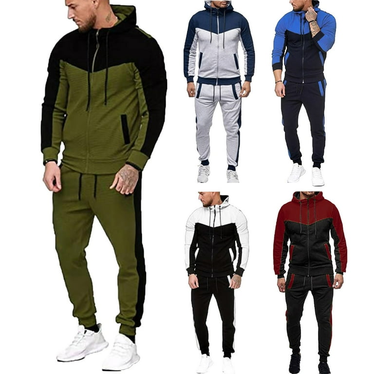 Classic Color Block Men's Athletic 2Pcs Tracksuit Set Casual Full-Zip  Sweatsuits Long Sleeve Hoodie And Jogging Pants Set For Gym Workout Running