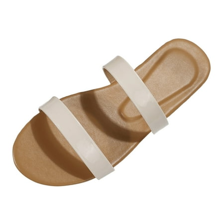 

Cathalem Ladies Fashion Solid Color Leather Thin Band Combination Flat Open Toe Beach Sandals Beige 37