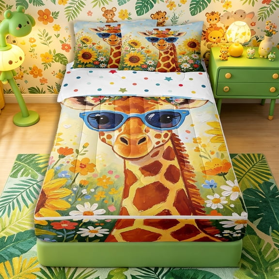 Castle Fairy Girls Cute Sunglass Giraffe Zipper Twin Comforter Sets with Fitted Sheet and 2 Pillowcases,Sunflower Wild Floral Sky Zipper Bedding Set,Brown Yellow Blue,Reversible,4-Piece