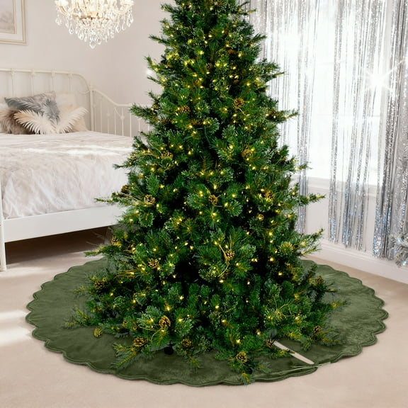 Green Christmas Tree Skirt - 48" Neutral Velvet Wave-Edge Christmas Tree Skirts,Elegant Vintage Christmas Decoration,Minimalist Mat for Home Indoor Outdoor Xmas Holiday Party Decorations All Year