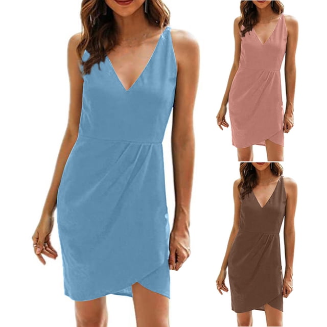 Gspmoly Robes d'Été pour Femmes, Robe d'Été Décontractée Confortable Sans Manches Ajustée Col en V Unie Aguichant Robe de Soirée Vacances pour Femmes en Liquidation