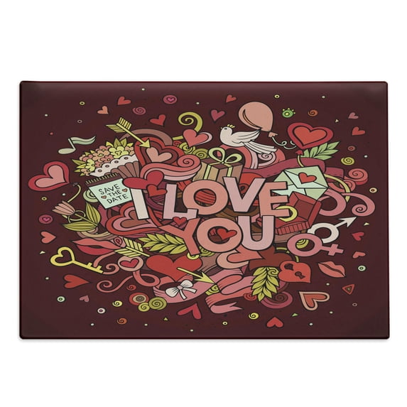 Romantic Cutting Board, Retro Funky I Love You Words on Hearts Arrows Baloons Birhday Image, Decorative Tempered Glass Cutting and Serving Board, Large Size, Coral Burgundy Yellow, by Ambesonne
