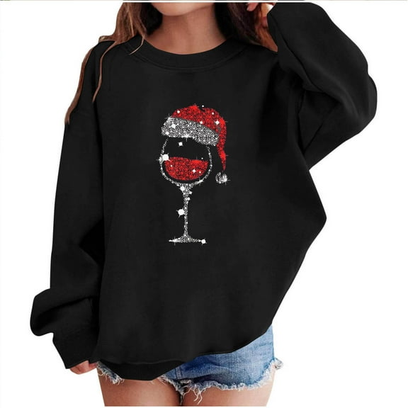 BFHHYA Girls Boys Christmas Sweatshirt Kids Wine Glass Print Crew Neck Sweatshirt Long Sleeve Casual Pullover for Holiday Photos (1-13Y)