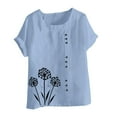 thumbnail image 4 of Cavosen Womens Short Sleeve Shirts Slim Fit Artificial Cotton Linen Dandelion Print Button Summer Tees Round Neck Comfy Loose Fit Pullover Tops Lightweight Beach Blouse Blue 2XL, 4 of 4
