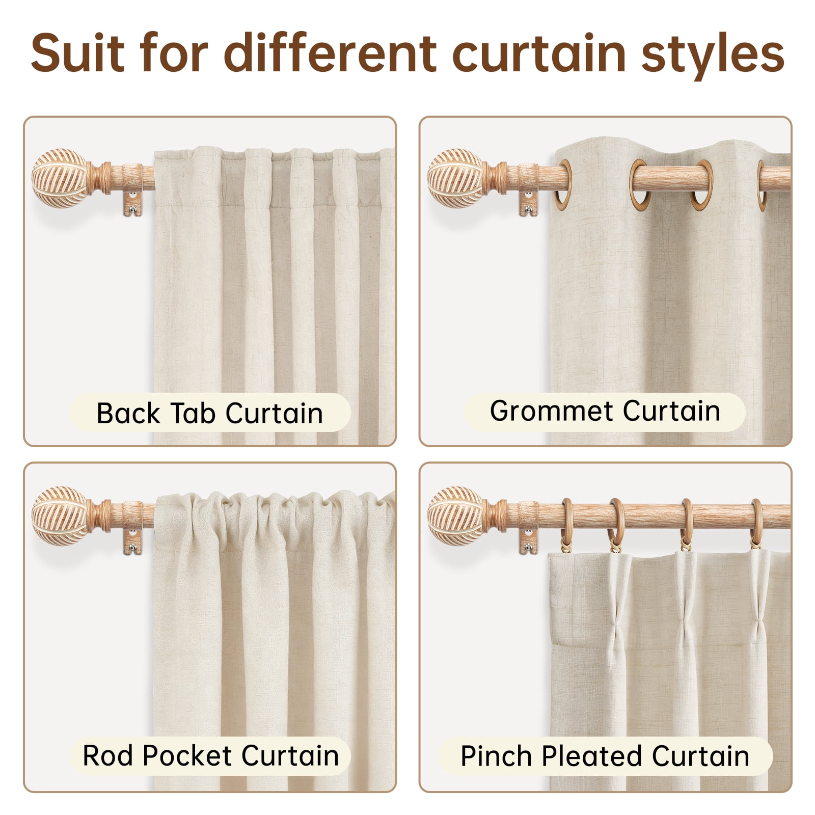 NewBuros Adjustable Wood Curtain Rod, 32 to 120 Inch, 1" Diameter Heavy-Duty Indoor Curtain Rod, Sturdy Rust-Proof with Wood Grain Leaf Pattern, Brown
