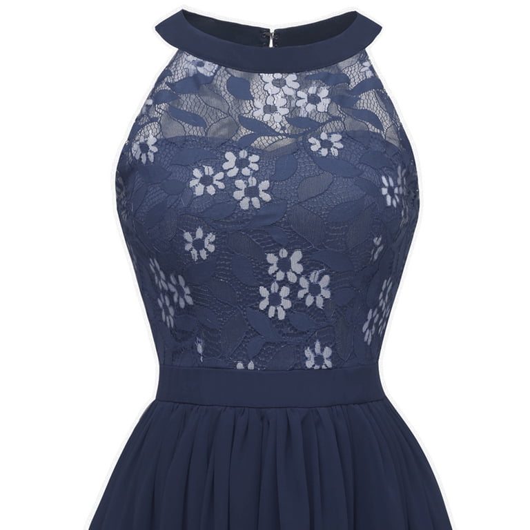 IBTOM CASTLE Women Vintage Floral Lace Chiffon Sleeveless Pleated Halter Short  Bridesmaid Dress A Line Swing Party Cocktail Dress L Navy Blue - Walmart.com