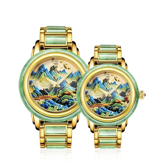 Luxury Automatic Mechanical Couple Watch, Natural Jadeite Inlaid Waterproof Wristwatch