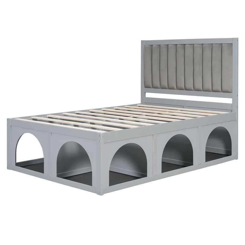 Full Size Pet-Friendly Platform Bed with Under-Bed Pet Nooks, Heavy Duty Wooden Storage Bed Frame with Padded Headboard