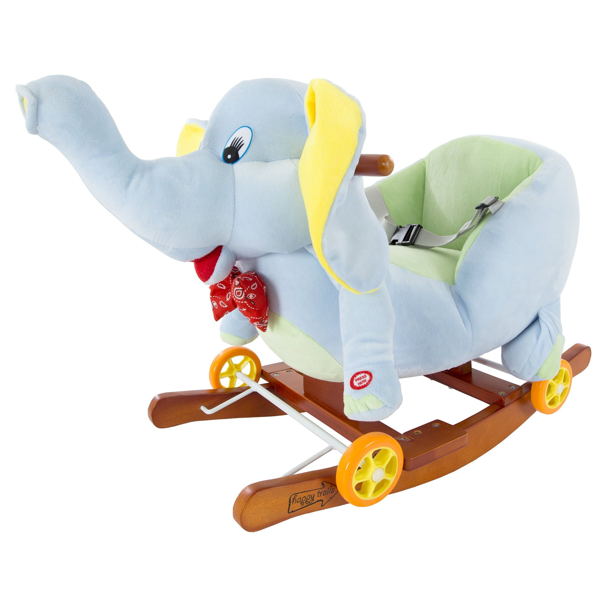Rocking Horse Plush Animal 2-in-1 Wooden Rockers; Wheels, Seat AND Seat Belt and Sounds, Ride on Toy for Babies 1-3 Years, by Happy Trails