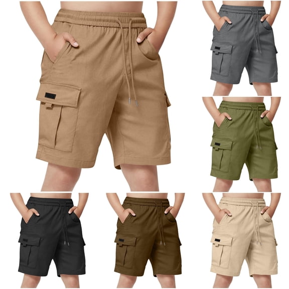 TinyBloomm Boys Cargo Shorts With Drawstring Waist Multiple Pockets Casual Straight Leg Five Point Shorts For Kids And Youth, Size 12-13 Years