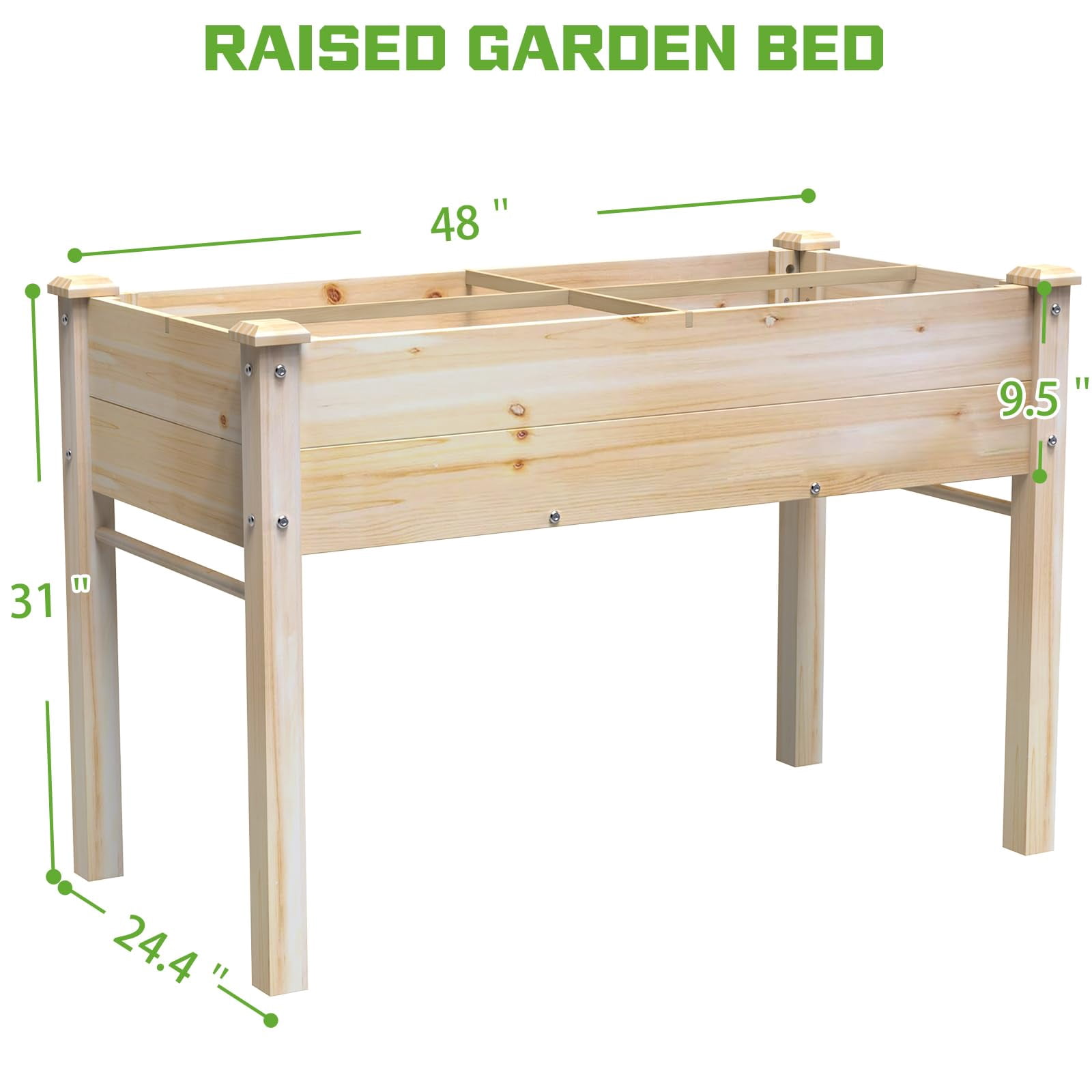 Yacona 48" x 24" x 31" Wooden Planter Box, Outdoor Raised Garden Bed with Legs, for Herbs Flowers Vegetables