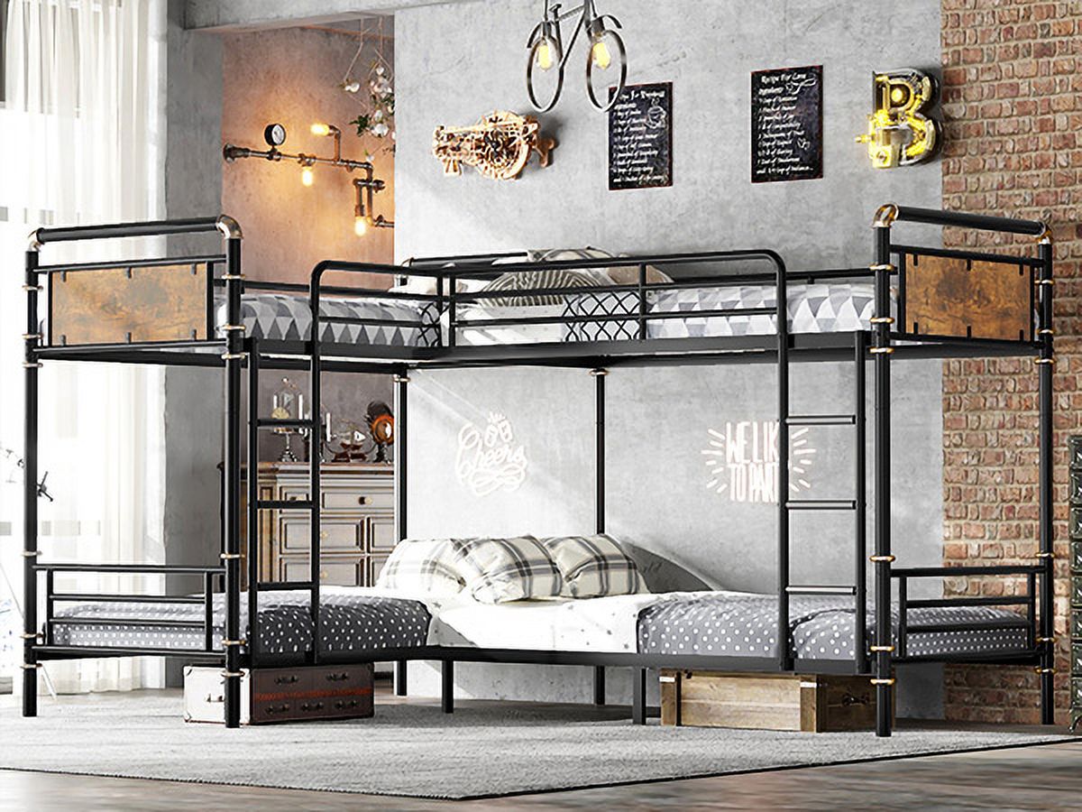 HOQBN Quad Bunk Bed Twin Size,Heavy Duty Metal Bunk Bed for 4,Can Be Divided Into 3 Twin Beds,Black