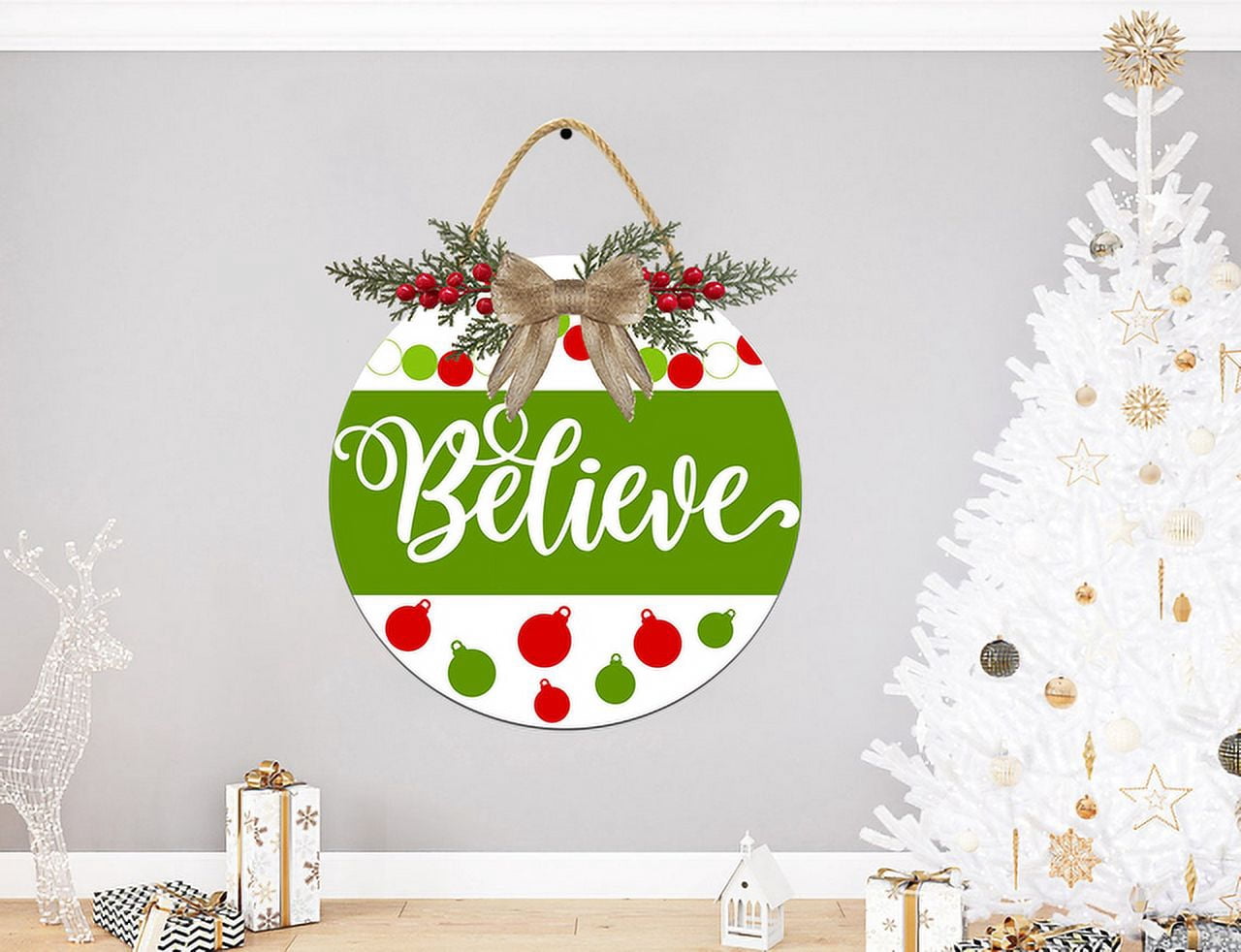 Eveokoki Believe Door Hanging Sign 11 inch Wooden Wall Sign, Rustic Holiday Wreath Decor for Front Door Porch Home Window Wall Farmhouse Decorations