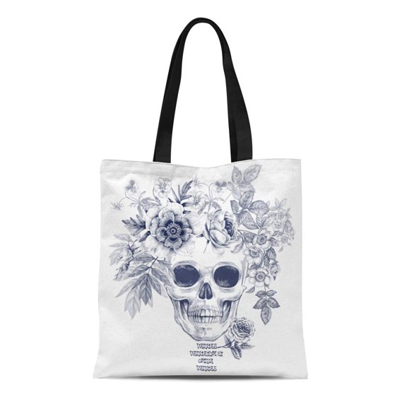 SIDONKU Canvas Tote Bag Gothic on Skull and Roses Peonies Flowers Black White Reusable Shoulder Grocery Shopping Bags Handbag