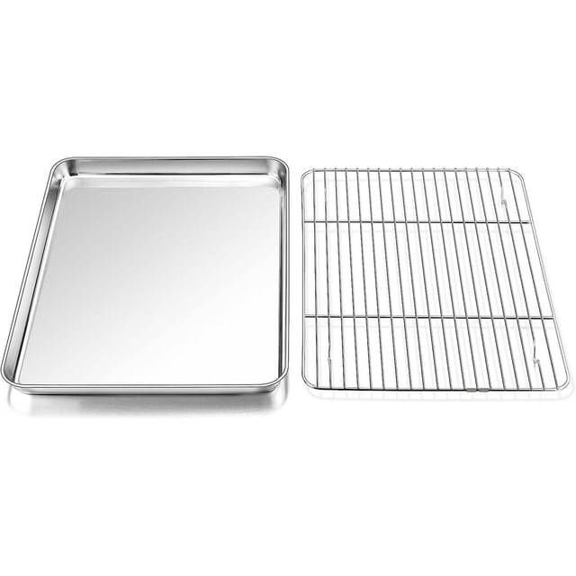 Toaster Oven Tray and Rack Set P&P CHEF Stainless Steel Broiler Baking Pan with Cooling Rack Rectangle .;;x;;x;; Non Dishwasher
