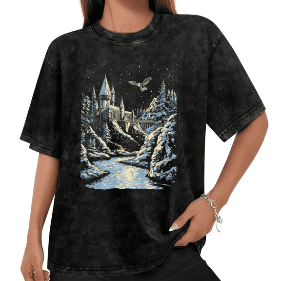 Women Wizard Castle Winter Owl Scenic Graphic Tees T Shirt Tops Round neck Printed Cotton Washed T Shirt Black S-2XL Plus Size