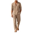 thumbnail image 2 of Maqroz Mens Two Piece Outfits Long Sleeve V Neck Lace Up Shirts Drawstring Beach Pants Casual Summer Vacation Wear Linen Textured Matching Sets Bohemian Trendy Streetwear, 2 of 5