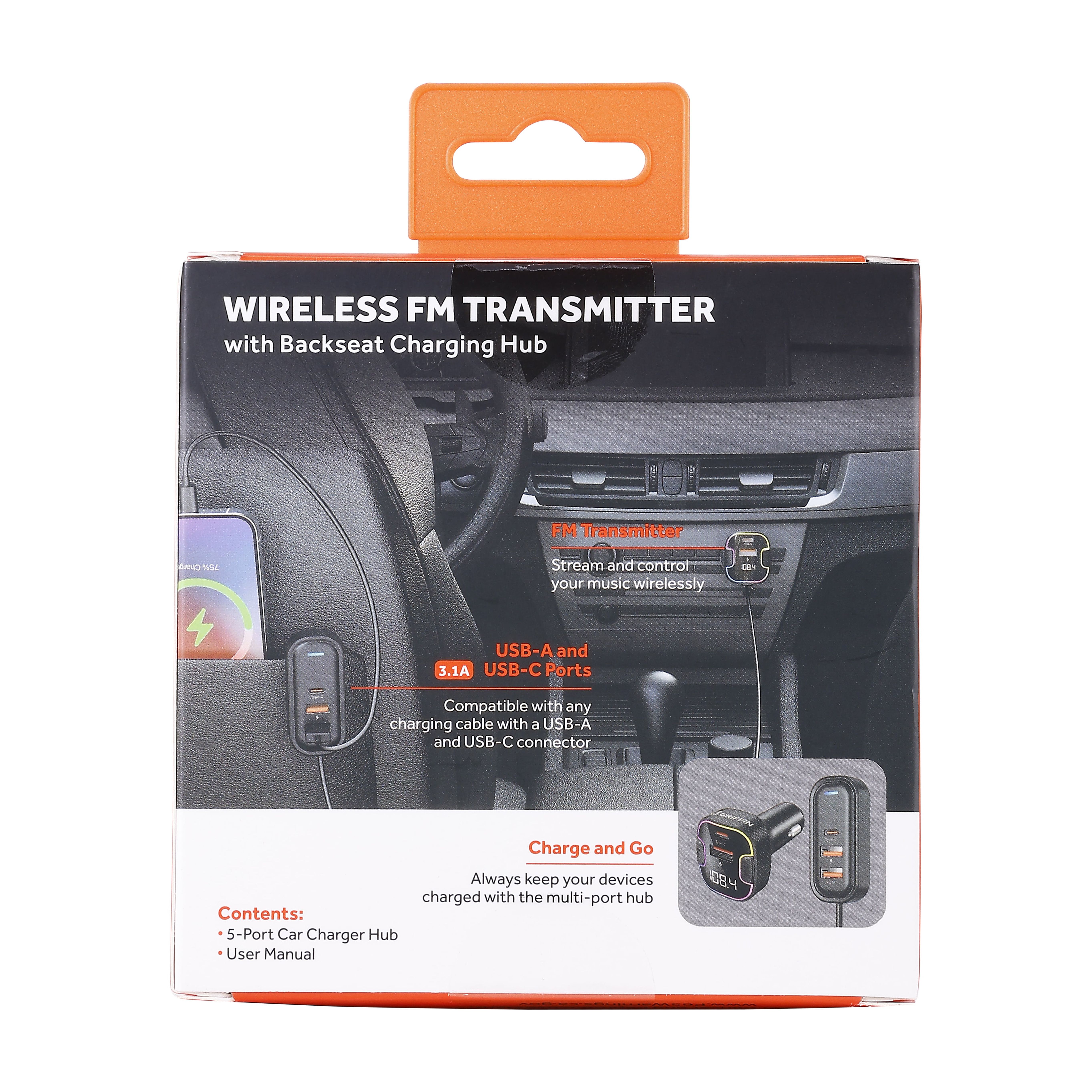 Griffin Wireless FM Transmitter with Backseat Charging Hub - Bluetooth, Fast Charging, Universal Compatibility, Car Charger, USB Ports, Smartphone Charger, Car Audio Adapter