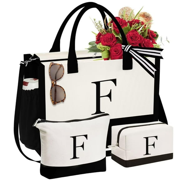 YOOLIFE Bolsa de lona con inicial y bolsa de maquillaje, regalos de cumpleaños personalizados para mujeres, mamá, hija, hermana, amigas, maestra, regalos de boda para dama de honor