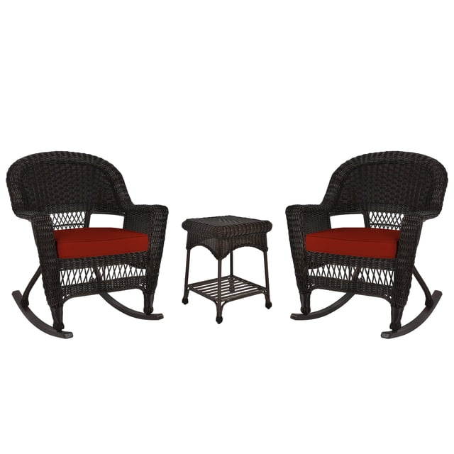 Jeco Ensemble de 3 Chaises Berçantes en Osier Couleur Espresso avec Coussin Rouge