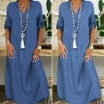 thumbnail image 1 of HEVIRGO Women Half Sleeve Side Slitting Hem V-neck Loose Long Denim Dress Streetwear for Daily Life, 1 of 8